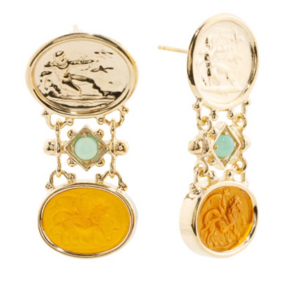 Vintage-Inspired Gold and Yellow Earrings with Green Accents